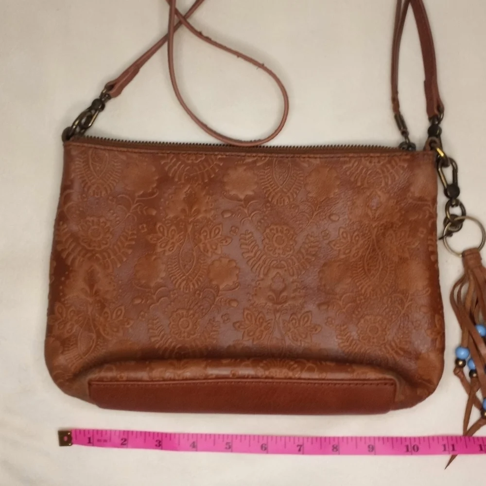 The Sak Leather Floral Paisley Tooled Bohemian Western Bag With Fringe Bead Tag